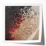 Abstract geometric art print in vibrant colors, featuring sharp angles and dynamic shapes, displayed on a glossy surface, perfect for modern home decor.