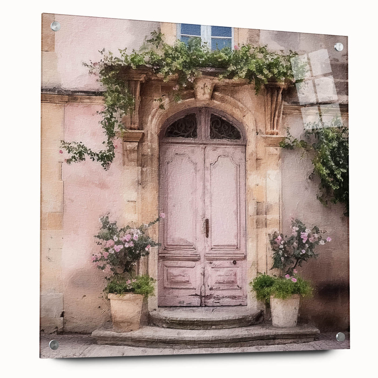 Acrylic print of a large abstract wall art featuring a French door design in muted gray tones.
