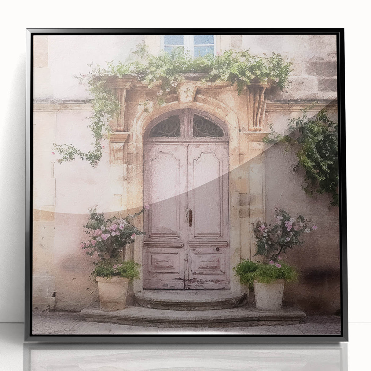 Large abstract wall art depicting a minimalist black door on a framed acrylic, ideal for modern living room decor.