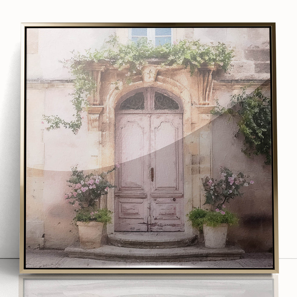 Mid-century modernist acrylic print of a French door, in gold and brown tones, ideal for modern art wall decor.