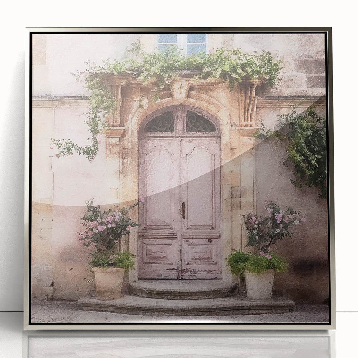 Mid-century modernist art of a French door architecture in silver frame, acrylic print, ideal for nursery wall art.