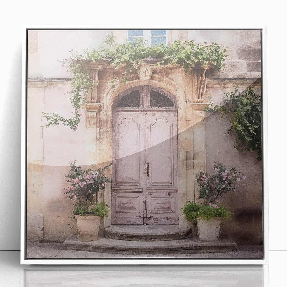 Art deco poster featuring a French door design in black and white, acrylic framed.