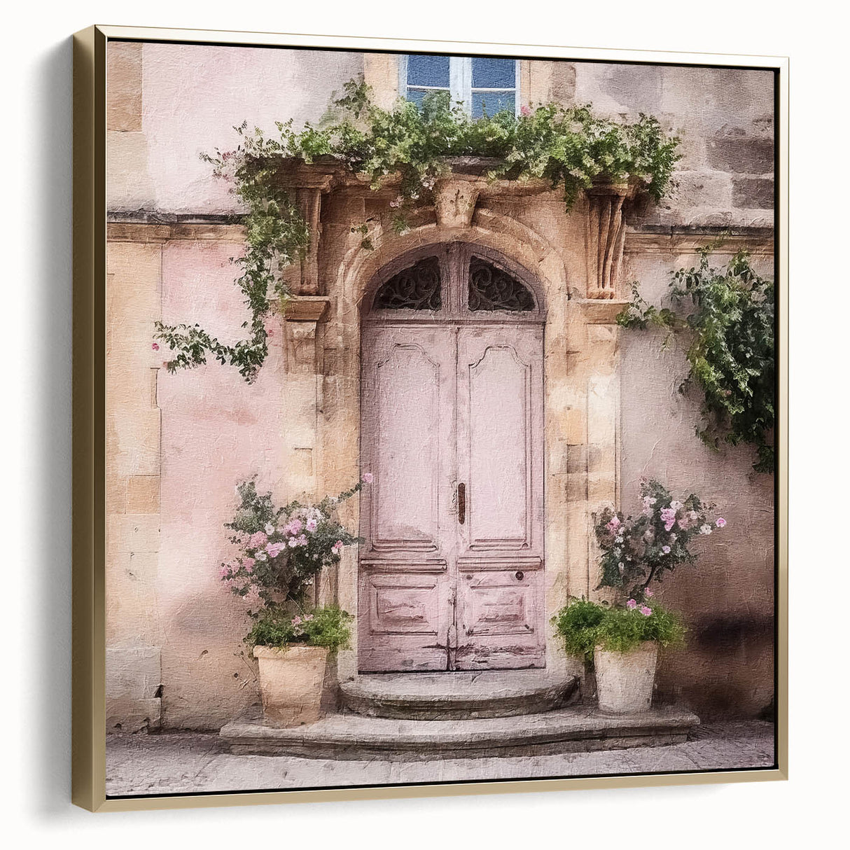 Framed canvas featuring a vintage poster of a serene landscape with gold and black tones, ideal for bedroom decor.