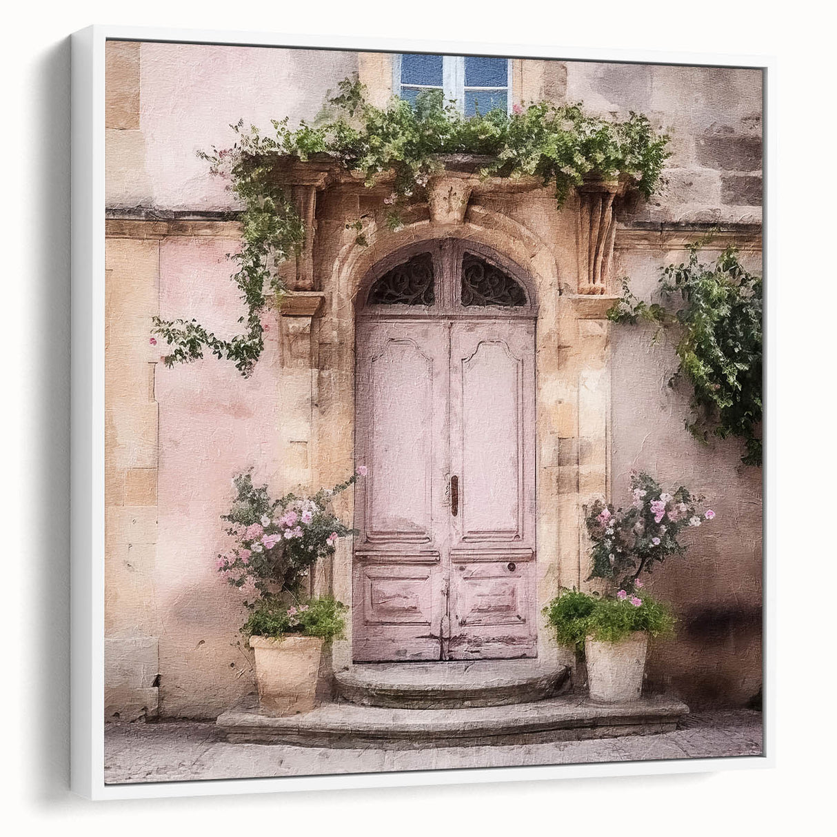 Vintage poster art of a French door in black and colorful tones on framed canvas, suited for extra large living room wall.