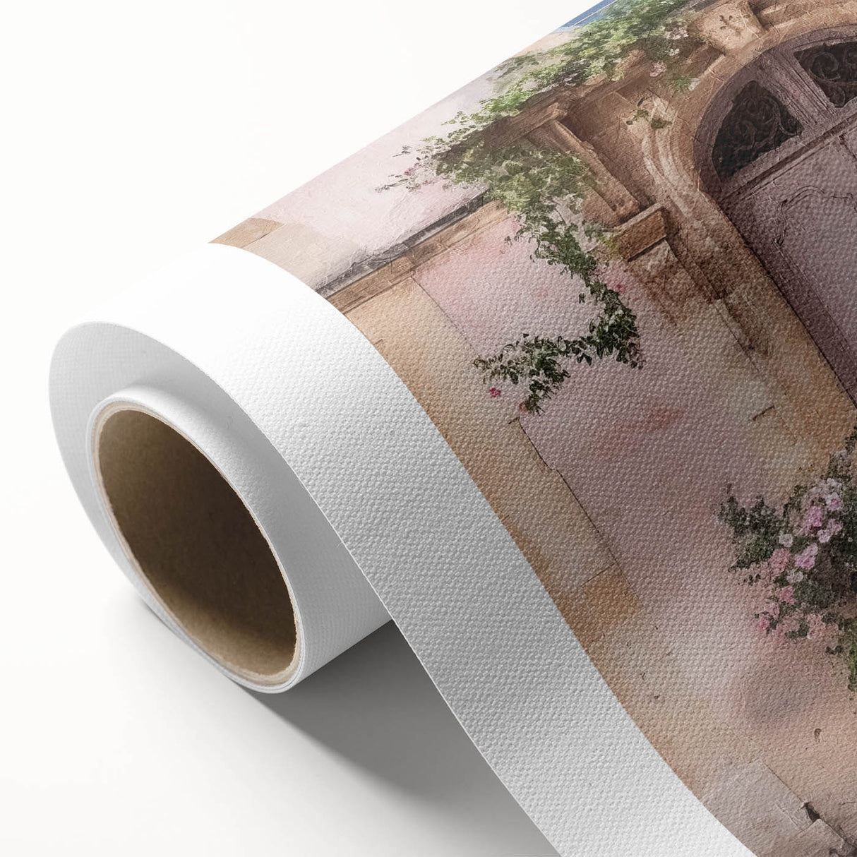 Art Deco style poster of a French door architecture in muted beige on rolled canvas, ideal for nursery wall art.