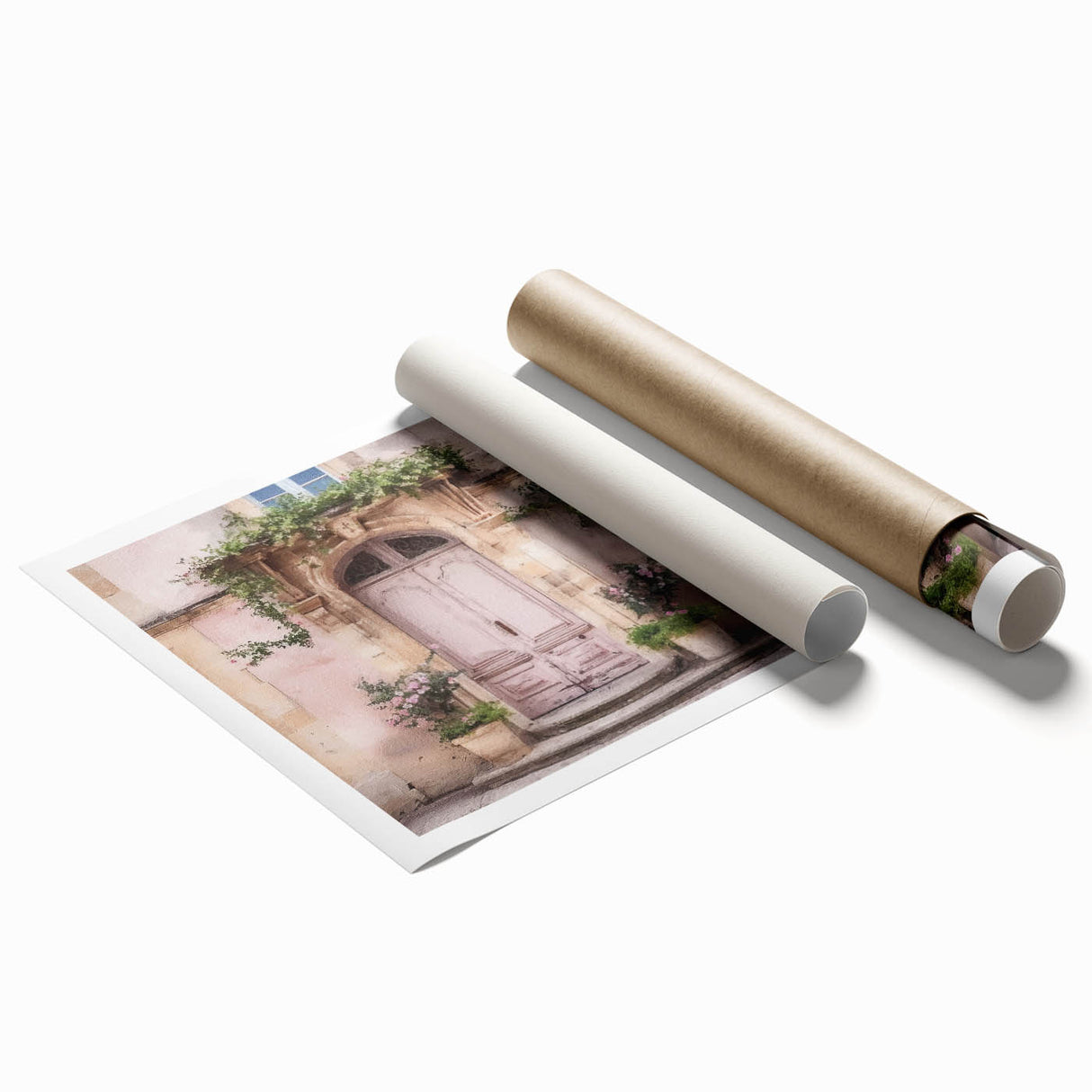 Extra large rolled print featuring an intricate floral design on a French door, ideal for classy bathroom wall art.