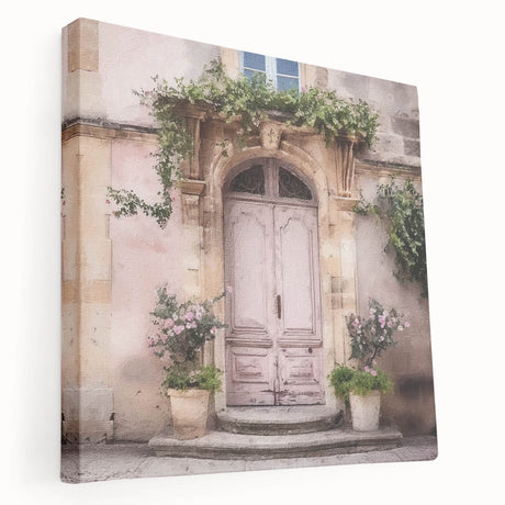 Side view of a large stretched canvas featuring a detailed French door design in soft, earthy tones.