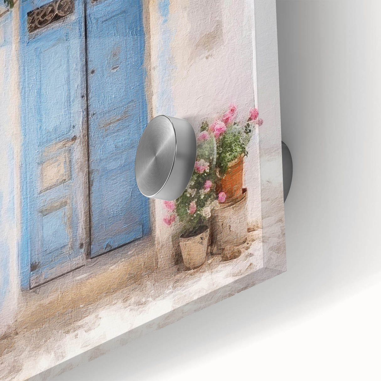 Close-up of a Greek architecture-inspired door design on acrylic glass, featuring muted earth tones.