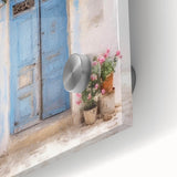 Close-up of a Greek architecture-inspired door design on acrylic glass, featuring muted earth tones.