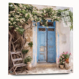 Acrylic print of a Greek-style door in muted earth tones, ideal for bedroom or dining room wall art.