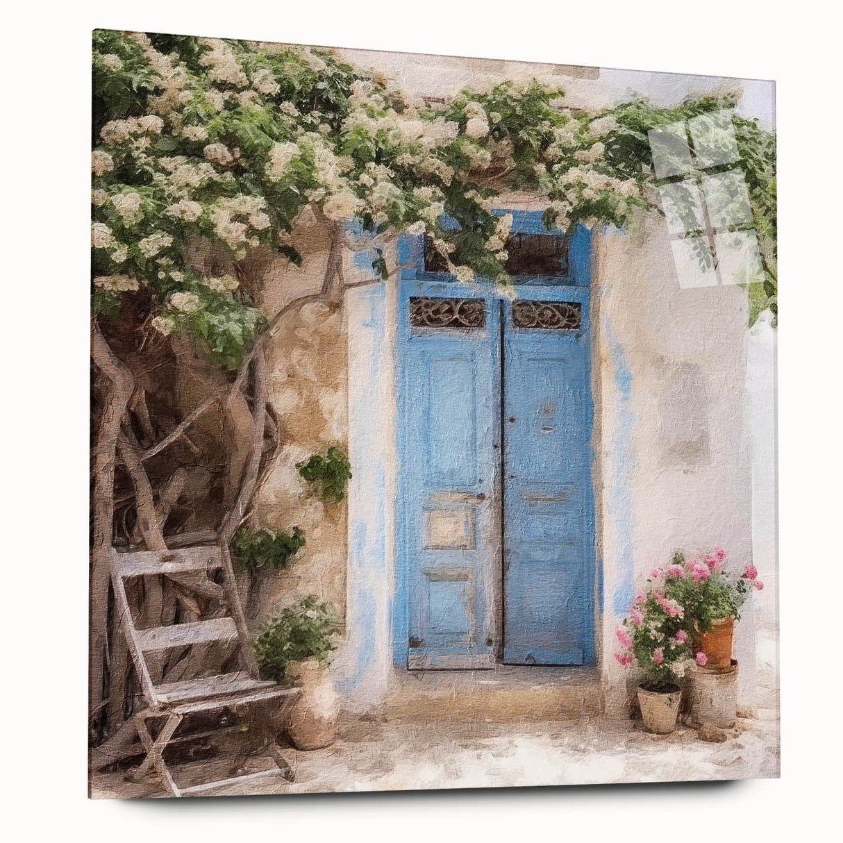 Acrylic print of a large abstract design featuring Greek architecture and doors in muted earth tones.