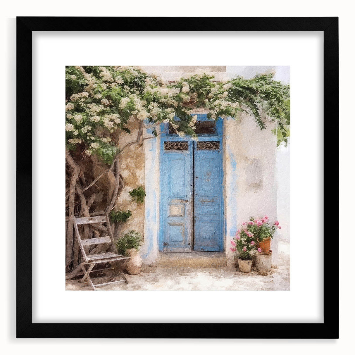 Extra large abstract art print featuring a colorful, textured depiction of a Greek door, framed with a black mat.