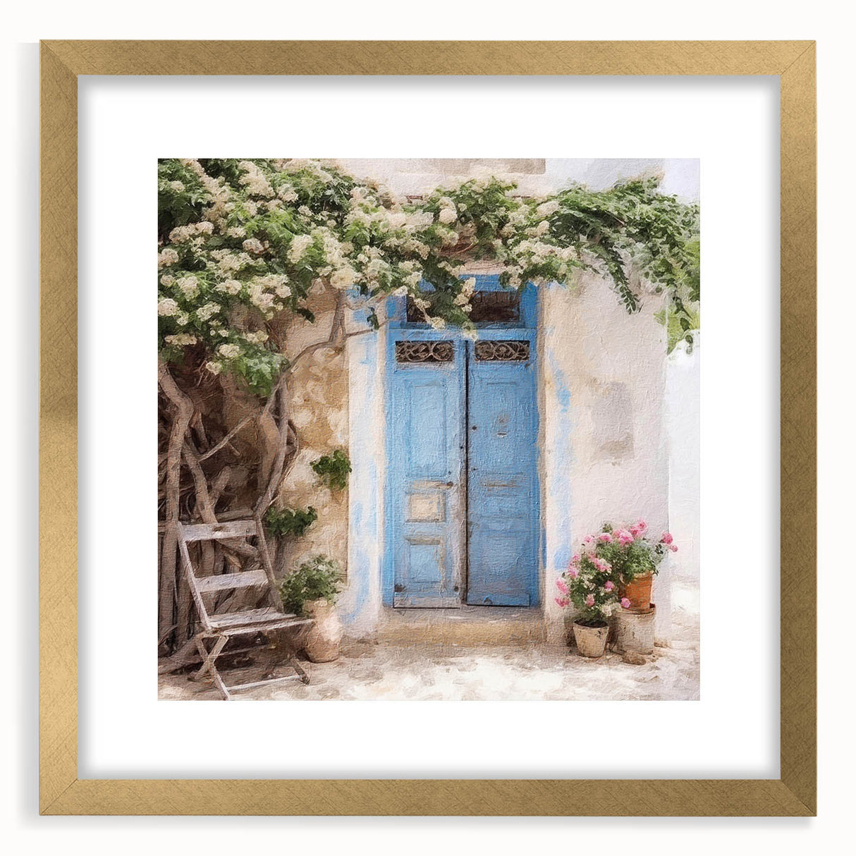Extra large abstract art print featuring a textured Greek door design in gold tones, ideal for living room decor.