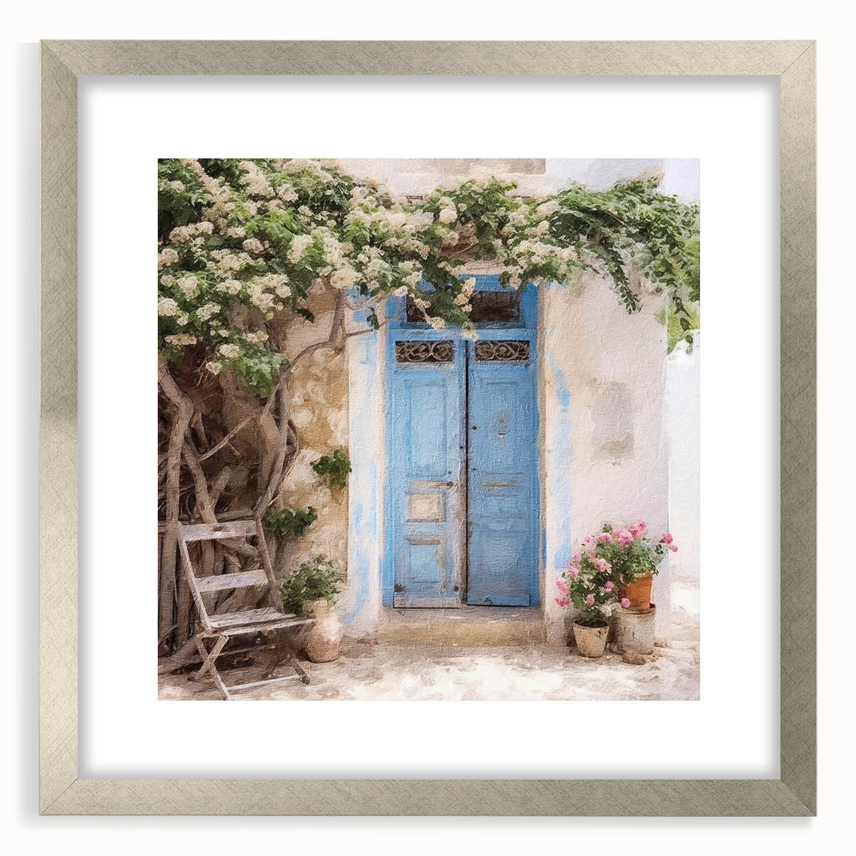 Textured abstract art print of a Greek door in muted earth tones on a framed silver mat, ideal for bedroom art.