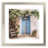Textured abstract art print of a Greek door in muted earth tones on a framed silver mat, ideal for bedroom art.