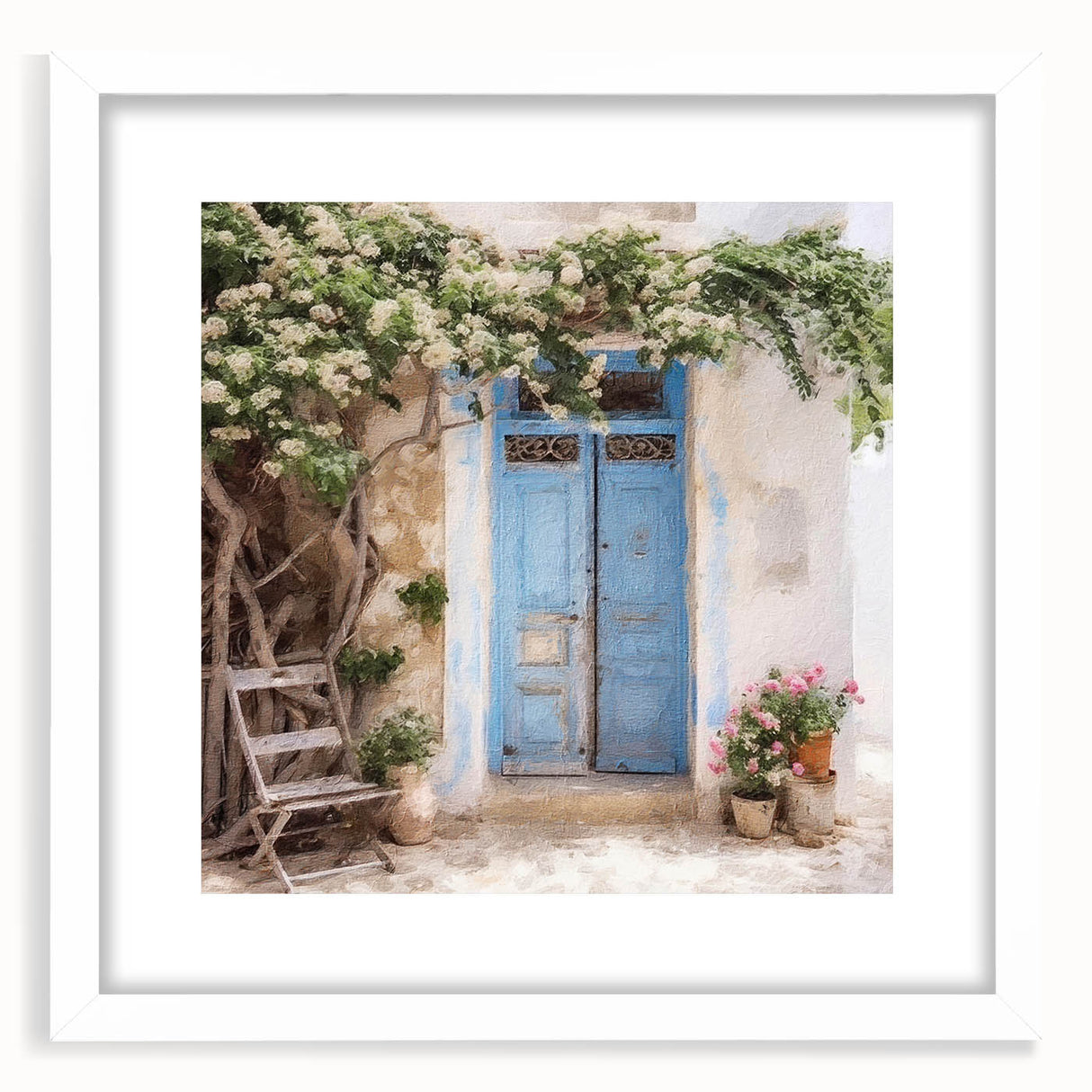 Abstract art print of a Greek door in monochrome tones, framed with a white mat, suitable for dining room decor.