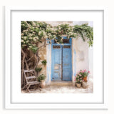 Abstract art print of a Greek door in monochrome tones, framed with a white mat, suitable for dining room decor.