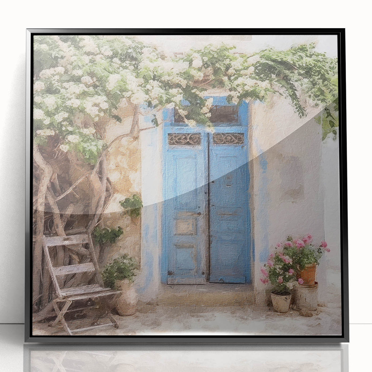 Large abstract wall art featuring a Greek door design in black and white, acrylic print framed.