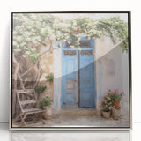 Mid-century modernist art depicting a Greek door, rendered in neutral tones on a silver-framed acrylic print.