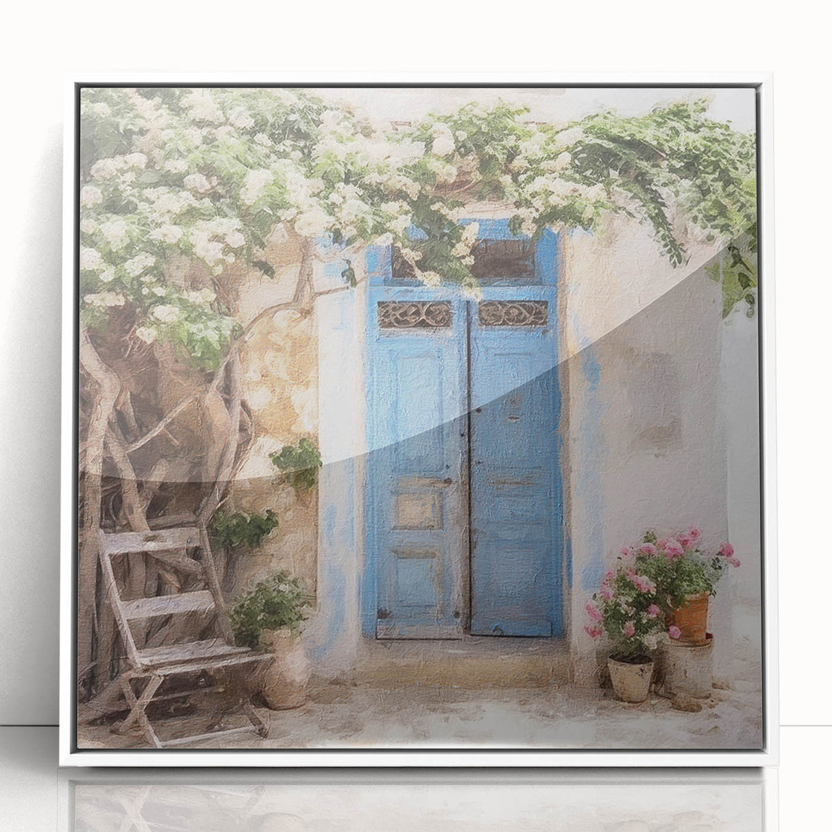 Art deco style poster featuring a Greek door architecture in white tones on a framed acrylic.