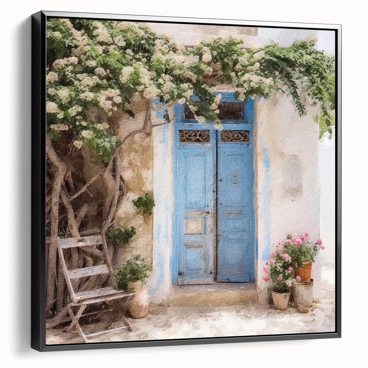 Black and white framed canvas of a vintage Greek door design, ideal for bedroom wall art.