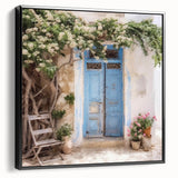 Black and white framed canvas of a vintage Greek door design, ideal for bedroom wall art.