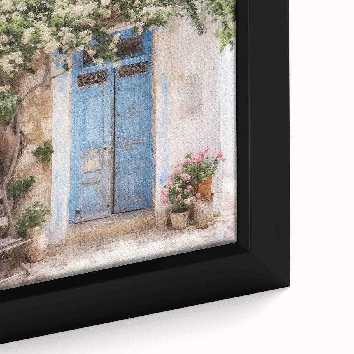Extra large framed canvas featuring a close-up of a textured black door with Greek architecture, ideal for living room decor.