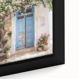 Extra large framed canvas featuring a close-up of a textured black door with Greek architecture, ideal for living room decor.