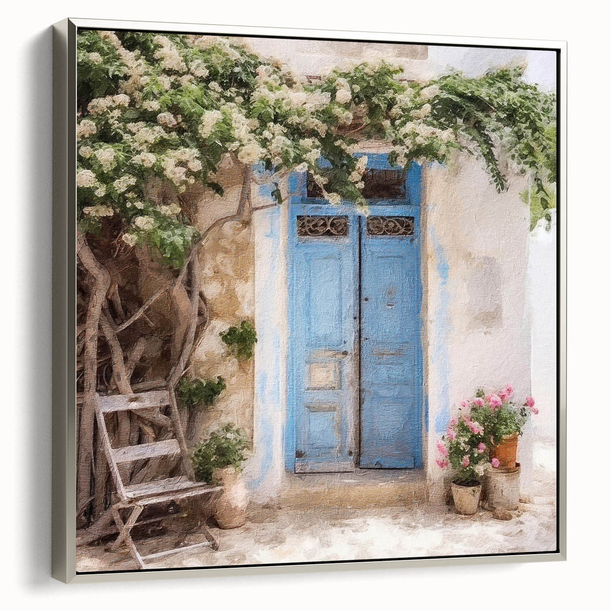 Framed canvas depicting a vintage-style Greek door in landscape format, featuring a black and colorful art palette.
