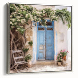 Framed canvas depicting a vintage-style Greek door in landscape format, featuring a black and colorful art palette.