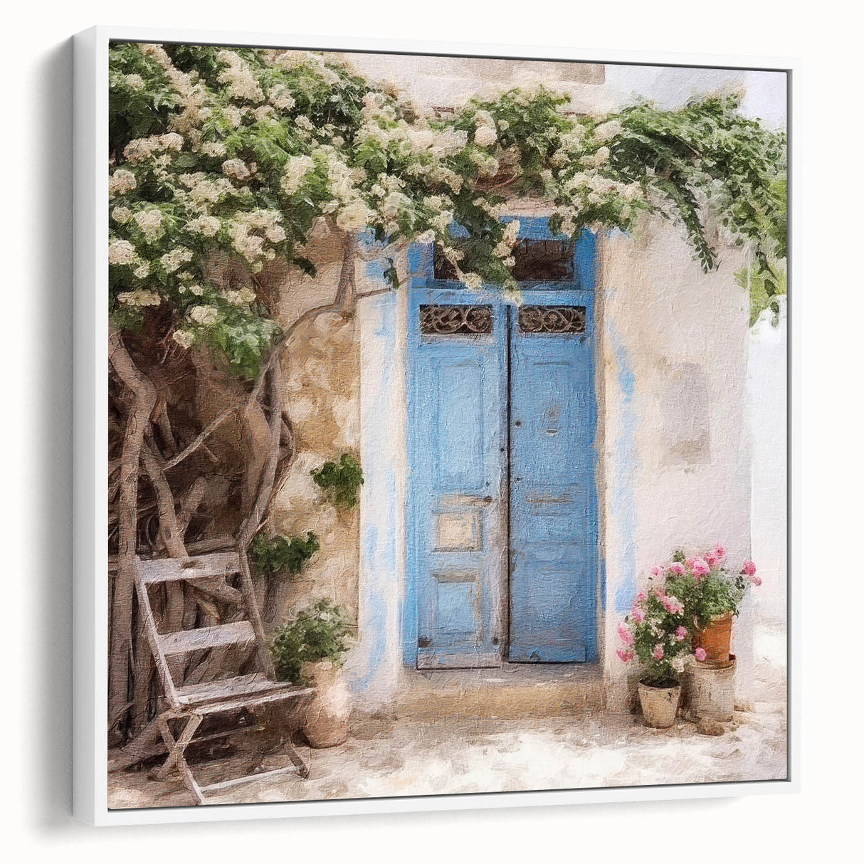 Vintage poster art of a Greek architecture door on a framed canvas with white borders, ideal for living room decor.