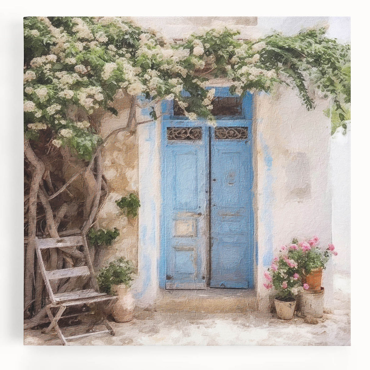 Black and white photograph of a Greek architecture door on stretched canvas, suitable as large kitchen wall art.