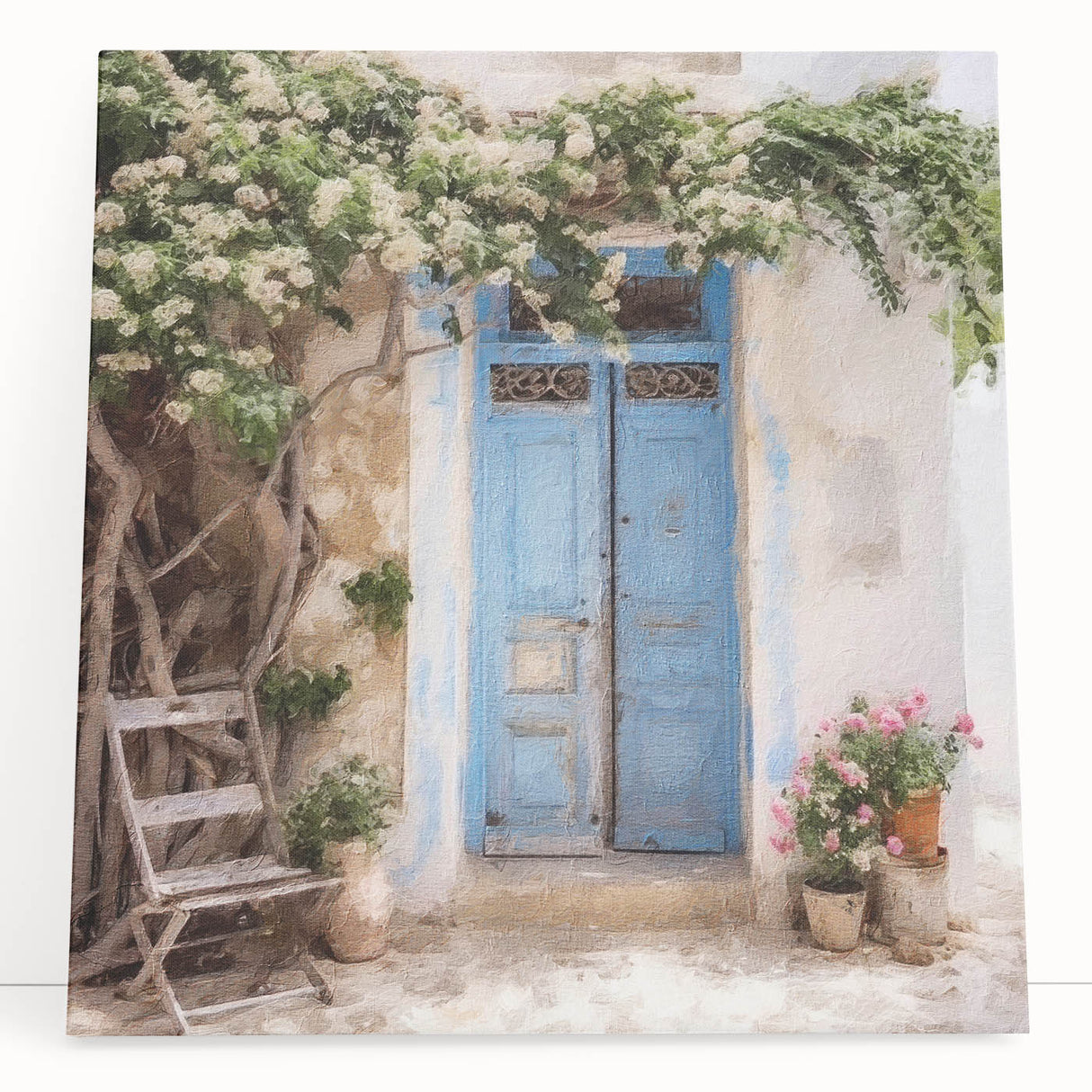 Black and white photo of a Greek architecture door on stretched canvas, suitable for kitchen or bedroom wall art.