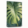 Side view of a modern acrylic glass wall art piece featuring vibrant floral and botanical designs, elegantly displayed with decorative pins on a neutral backdrop. Ideal for enhancing home decor with a touch of nature-inspired elegance.