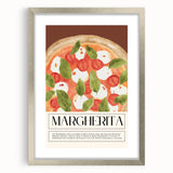 Textured art depicting abstract food dishes in muted earth tones on a framed silver mat, ideal for kitchen wall decor.