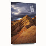 Acrylic glass landscape artwork depicting a vibrant desert scene in warm tones, showcasing unique textures and a side view, perfect for home decor.