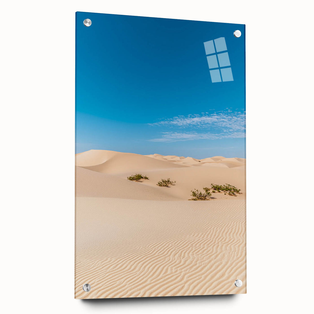 Acrylic glass landscape artwork showcasing serene dunes in warm tones, viewed from the side with decorative pins, perfect for modern home decor. Ideal for nature enthusiasts.