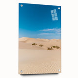 Acrylic glass landscape artwork showcasing serene dunes in warm tones, viewed from the side with decorative pins, perfect for modern home decor. Ideal for nature enthusiasts.
