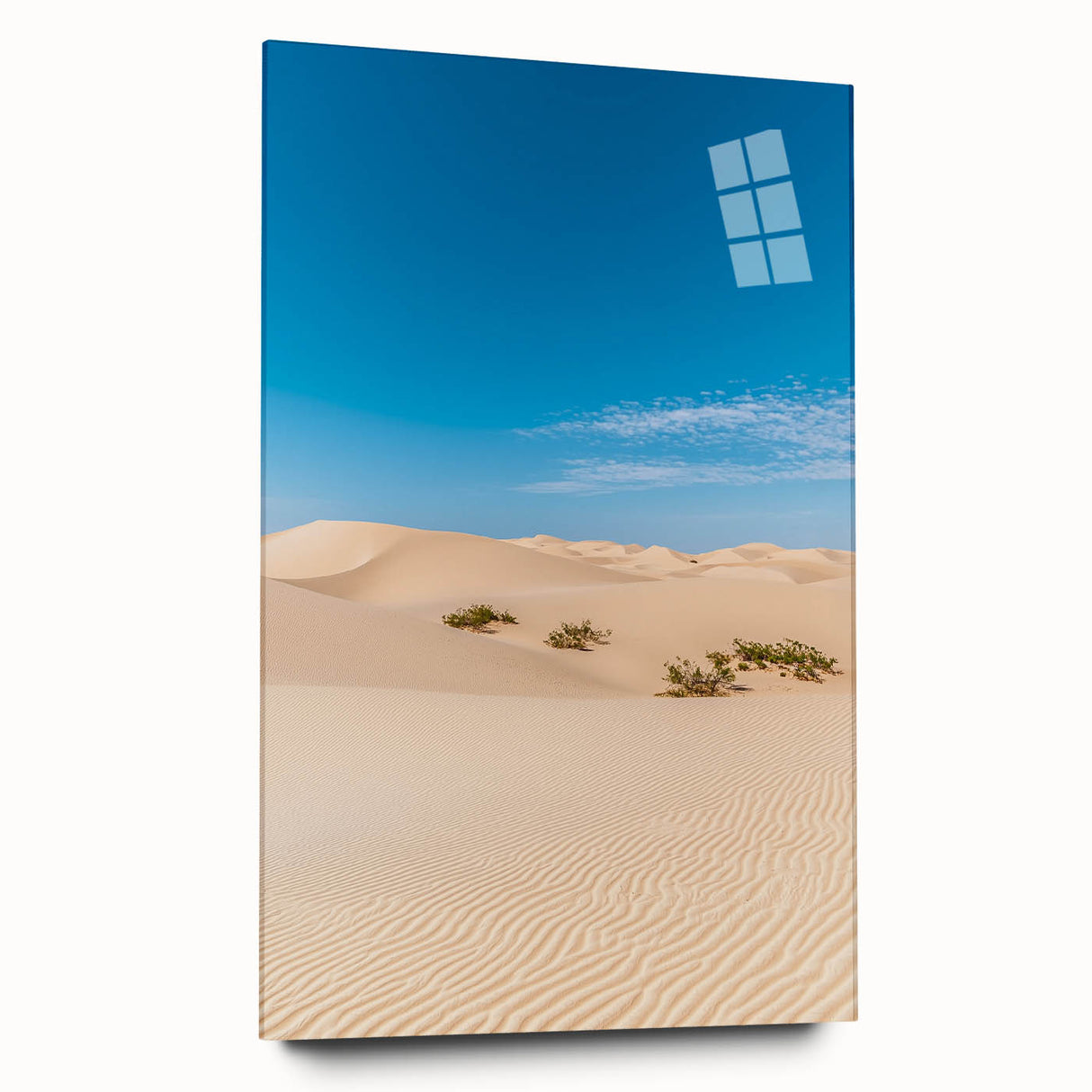 Acrylic glass artwork showcasing a stunning side view of desert dunes, highlighting intricate textures and warm color tones, perfect for modern home decor.