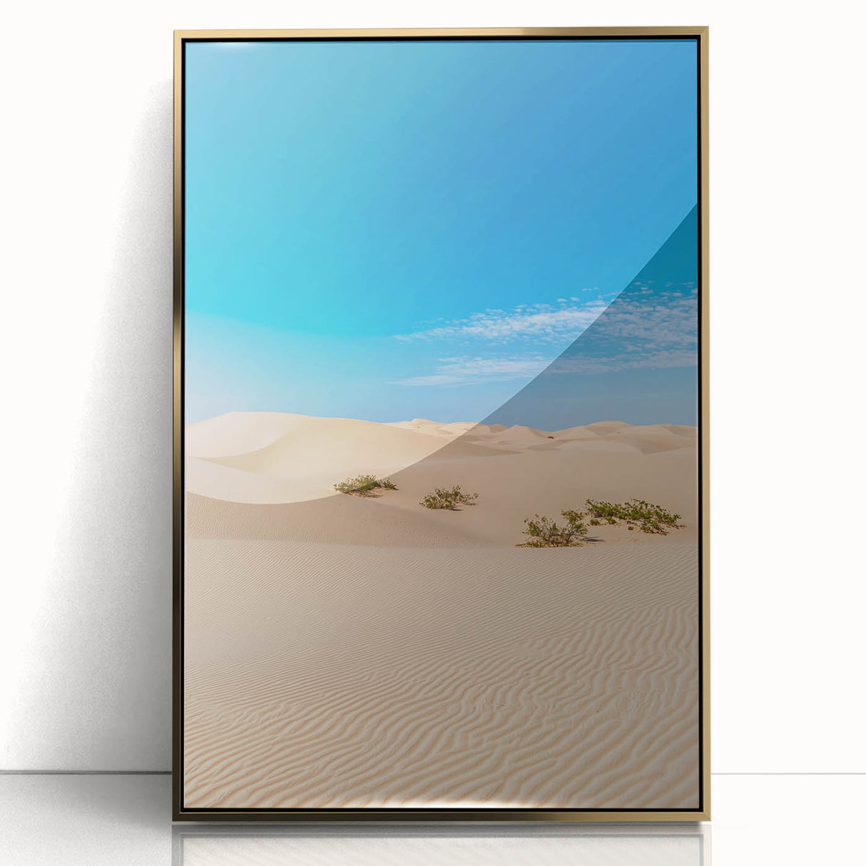 Framed acrylic print showcasing a stunning desert landscape with golden sand dunes, featuring a contemporary design that enhances modern decor. The artwork's vibrant colors and intricate details create a serene ambiance, perfect for living spaces or offices.