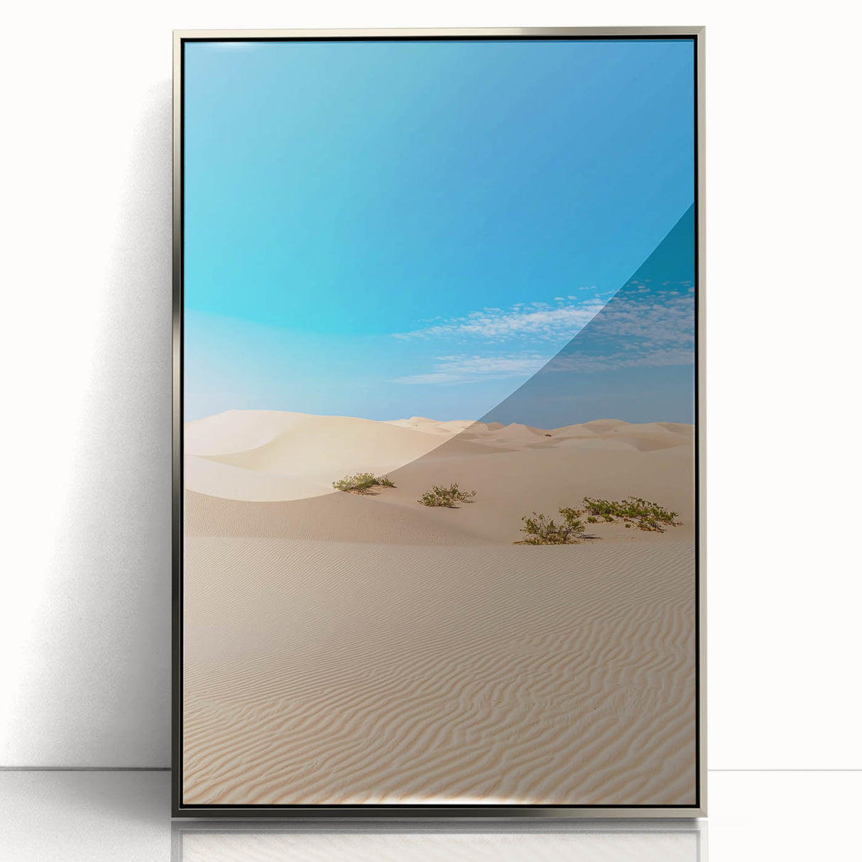 Framed acrylic artwork showcasing serene silver dunes landscape, featuring soft curves and gradient shades, ideal for modern home decor or office spaces.