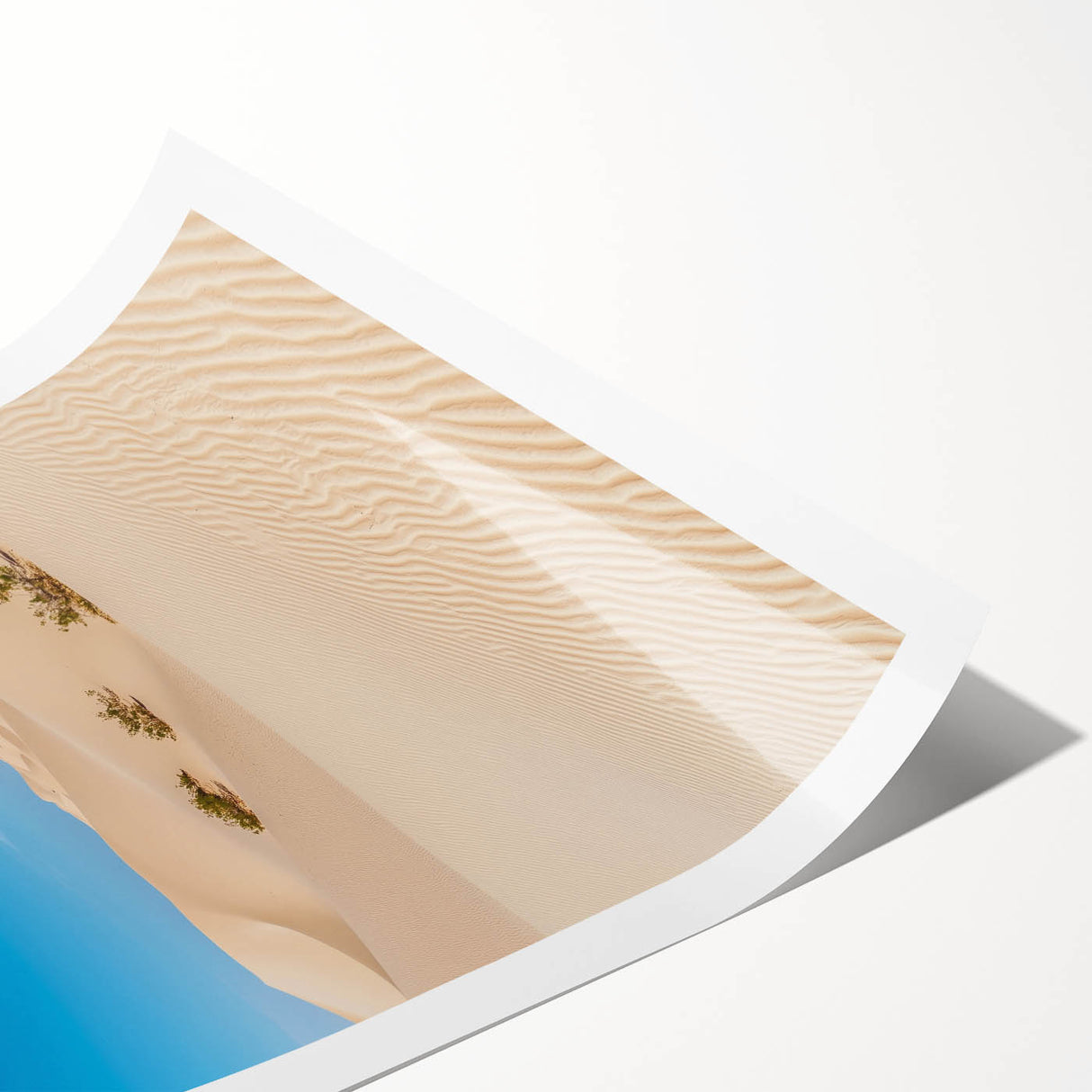 Desert landscape rolled print showcasing golden sand dunes under a blue sky, elegantly packaged in a protective tube, perfect for home decor enhancement.