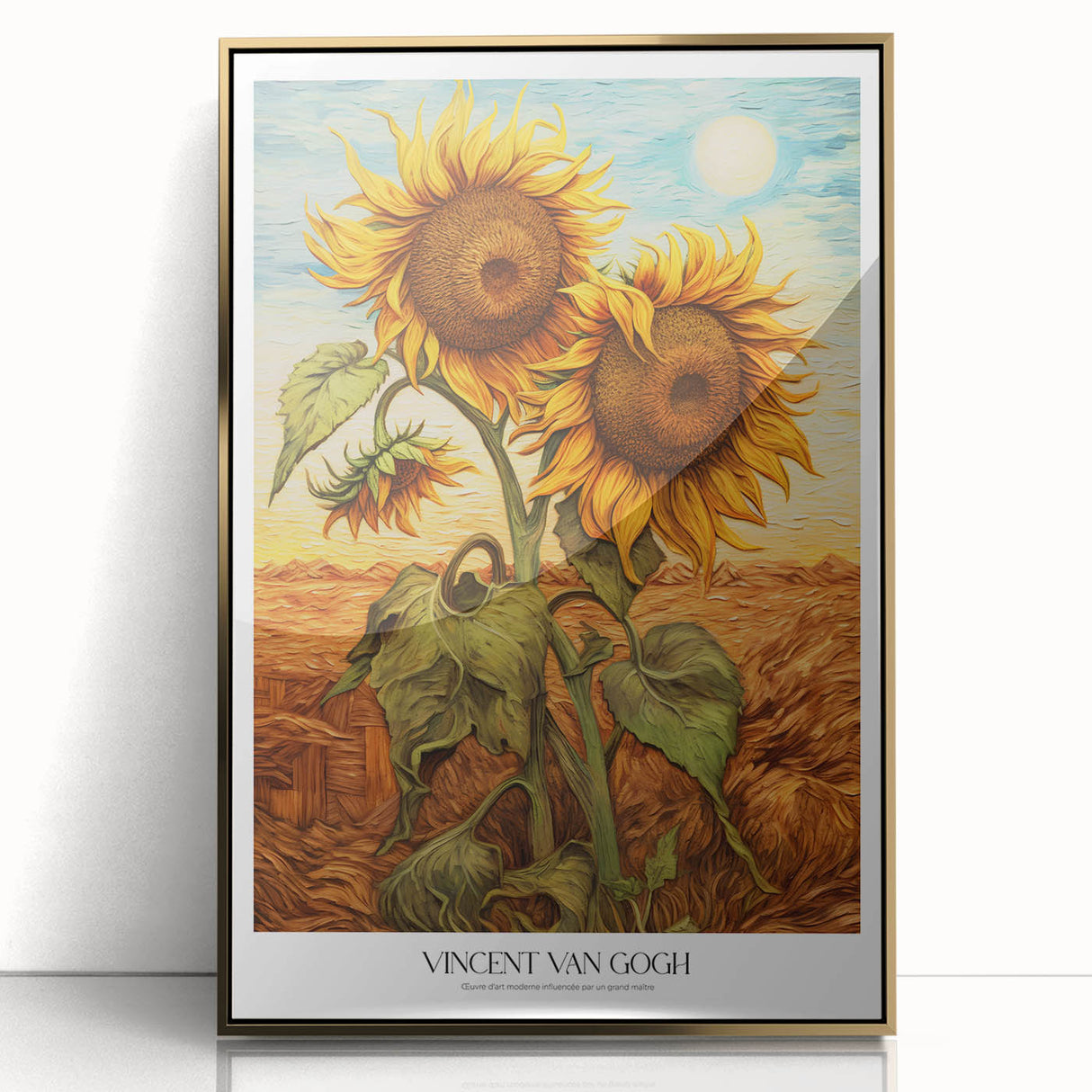 Impressionist-style painting depicting a vibrant starry night sky, in a gold frame.