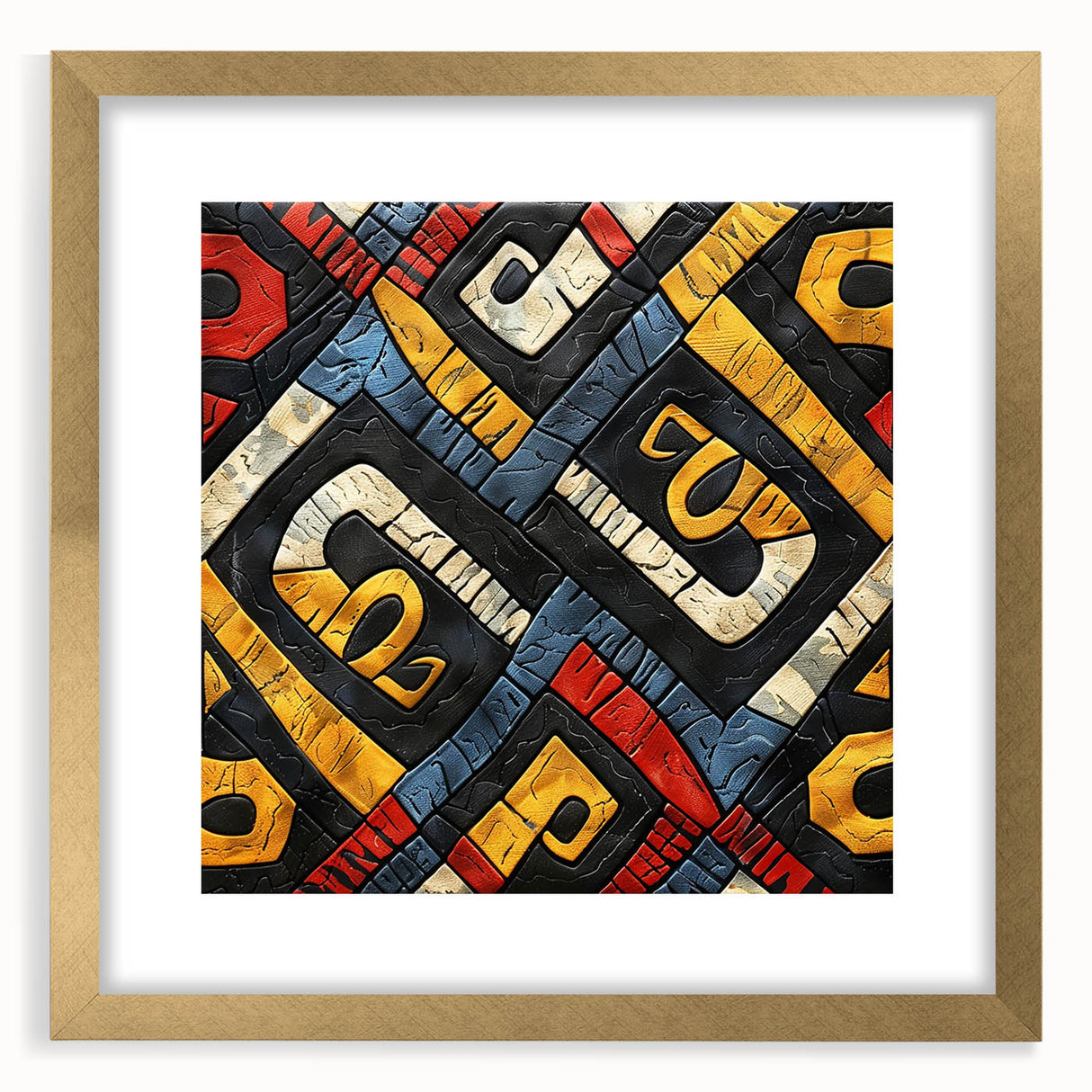 Textured abstract art print of an Ethiopian landscape in muted earth tones, framed in gold, suitable for bedroom decor.