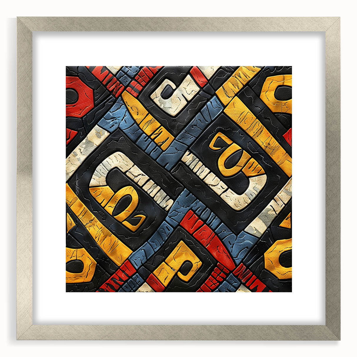 Abstract art print of an Ethiopian landscape in muted earth tones on a silver-framed mat.