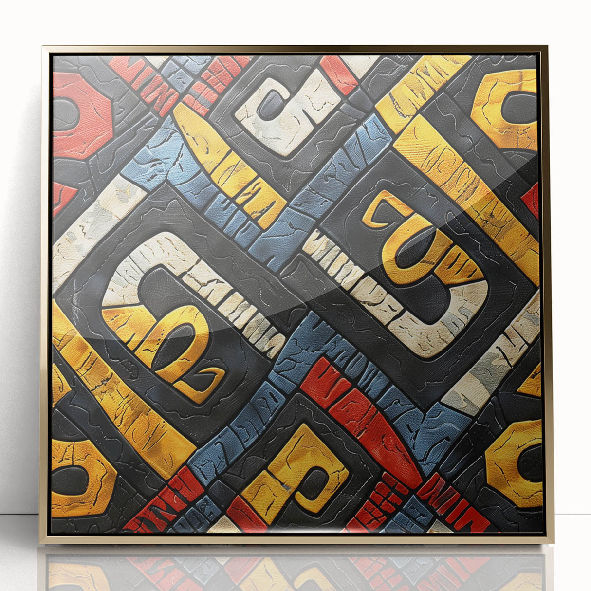 Mid-century modernist art depicting an Ethiopian landscape in gold and earth tones on a framed acrylic print.