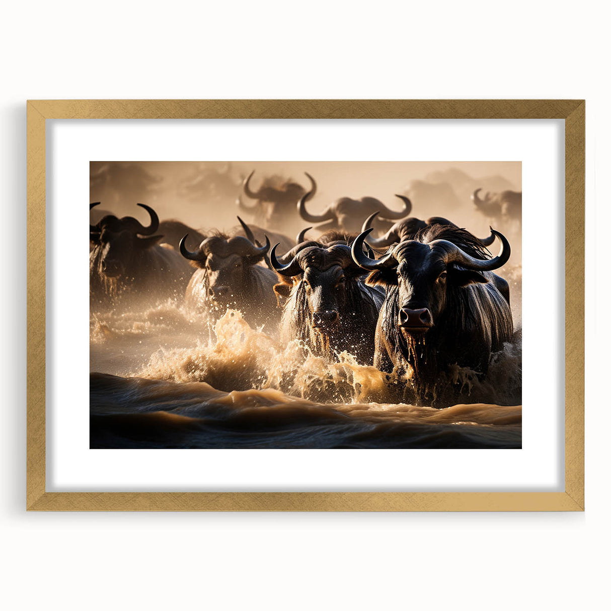 Textured abstract art print of Kenyan scenery in muted earth tones, framed in gold, ideal for bedroom decor.
