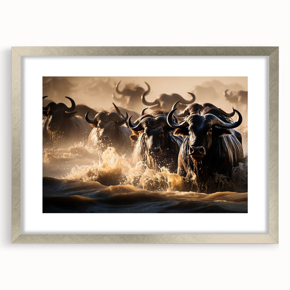 Abstract art print of a Kenyan landscape in silver frame, featuring earthy tones, ideal for dining room decor.