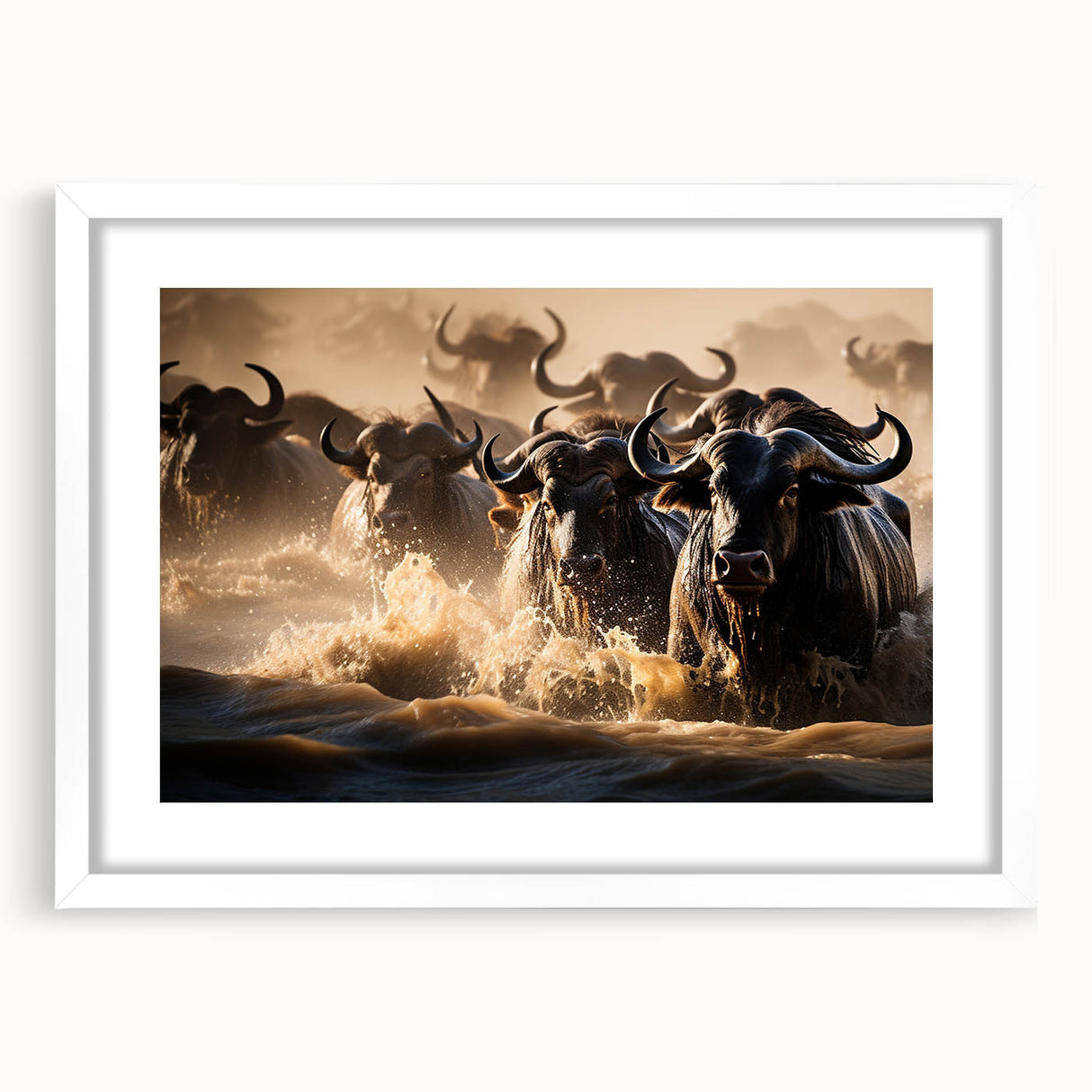 Extra large abstract art print of African scenery in earth tones on a textured canvas, framed in white.
