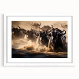 Extra large abstract art print of African scenery in earth tones on a textured canvas, framed in white.